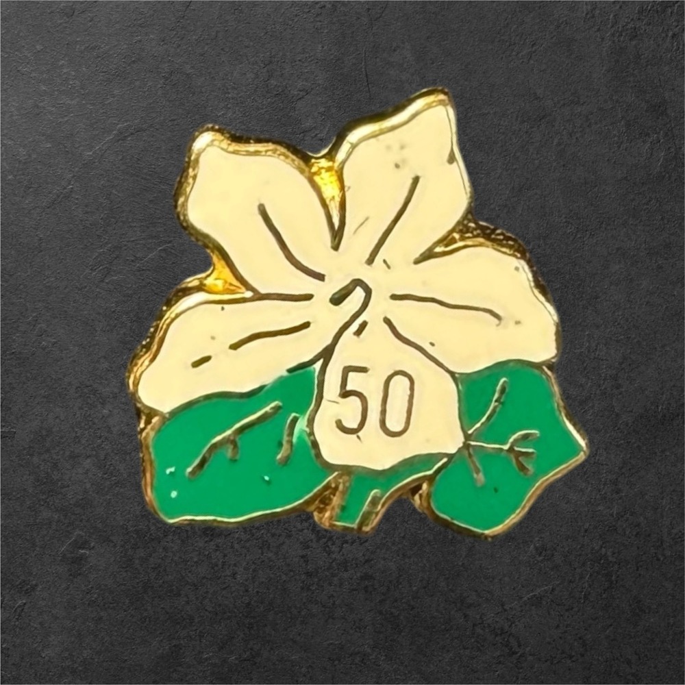 Vintage 50 Year Service Enamel Flower Lapel Pin w Case Anniversary